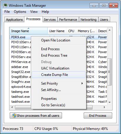 создать файл дампа компьютера в Windows 7
